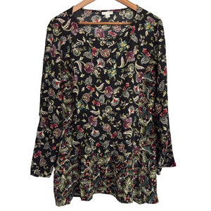 J.Jill Mixed Print Shirred Tunic Black “Cascading Vines” Pattern Women’s XL